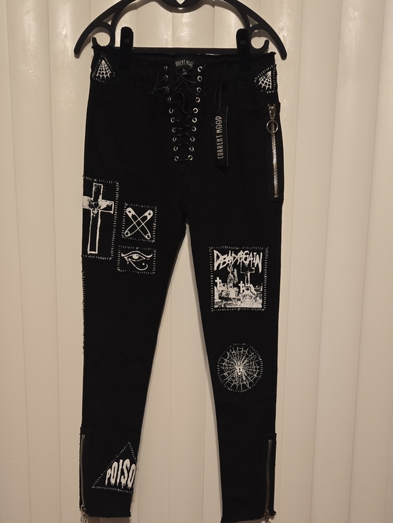 Dolls Kill Denim - Dolls Kill Black Gothic Patchwork Lace-Up Skinny Jeans